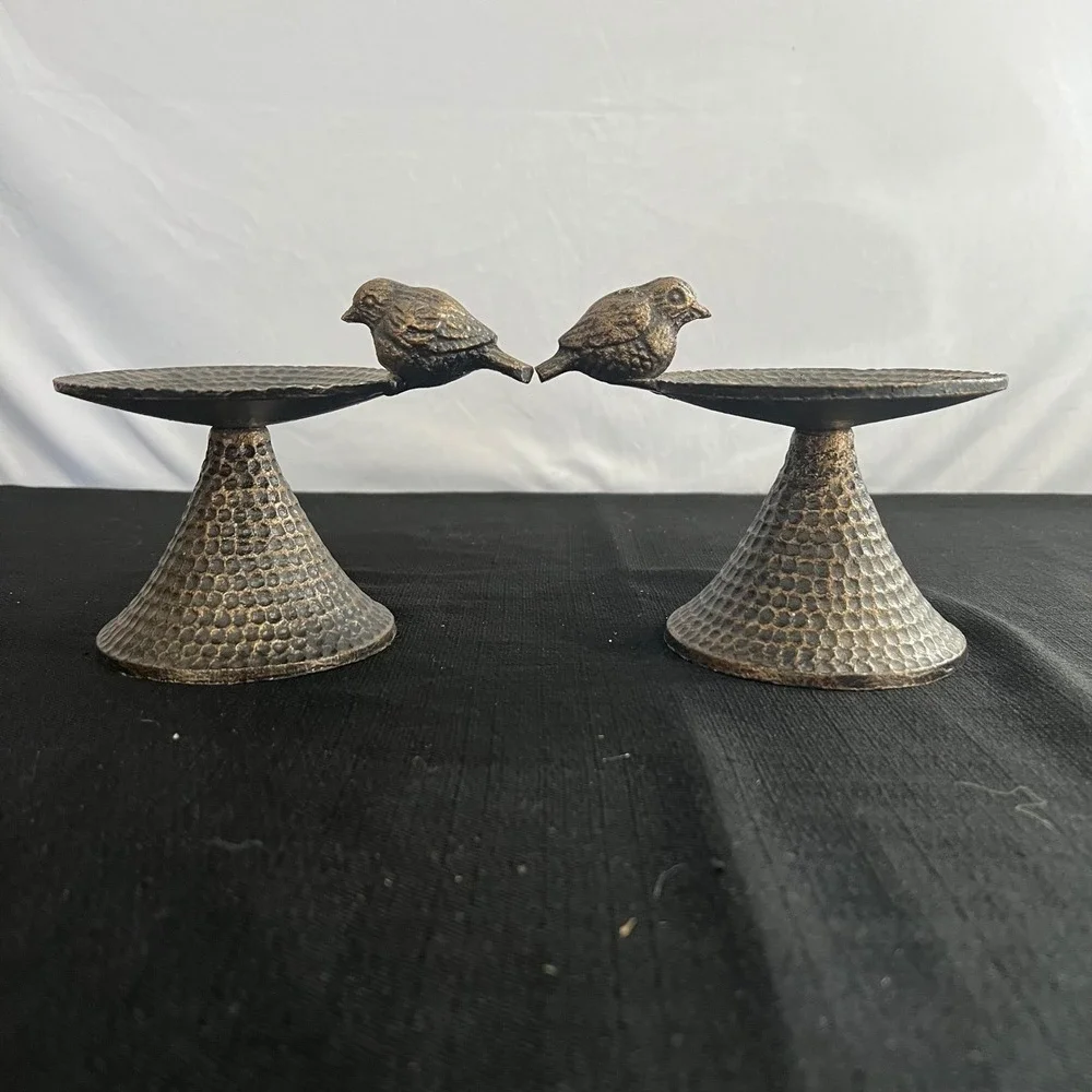 Set of 2 Hammered Bronze Cast Iron Bird Pedestal Candle Holders Rustic Decor